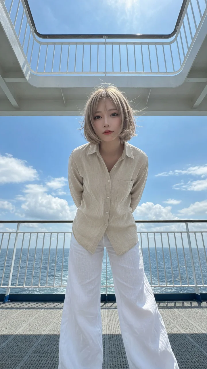 フェリー甲板を足元から見上げたサンドベージュボブの日本人女性