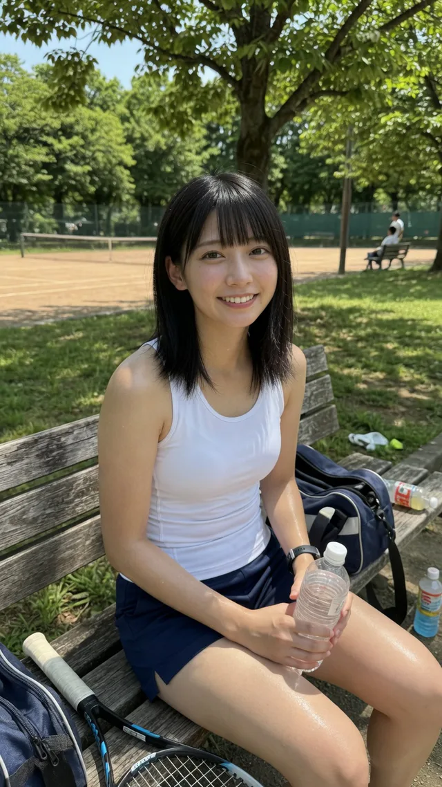公園のテニス場ベンチでペットボトルを持つ黒髪ストレートの日本人女性。白いスポーツタンク