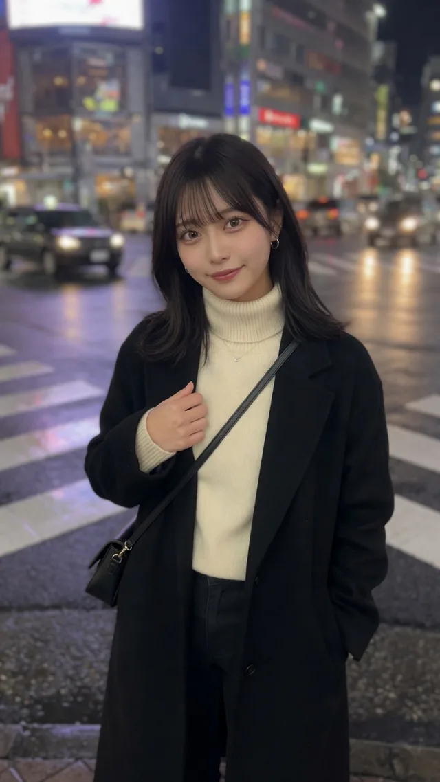 雨上がりの夜の横断歩道で、クリーム色のタートルネックと黒いロングコートを着た黒髪の成人女性が微笑むスマートフォン写真