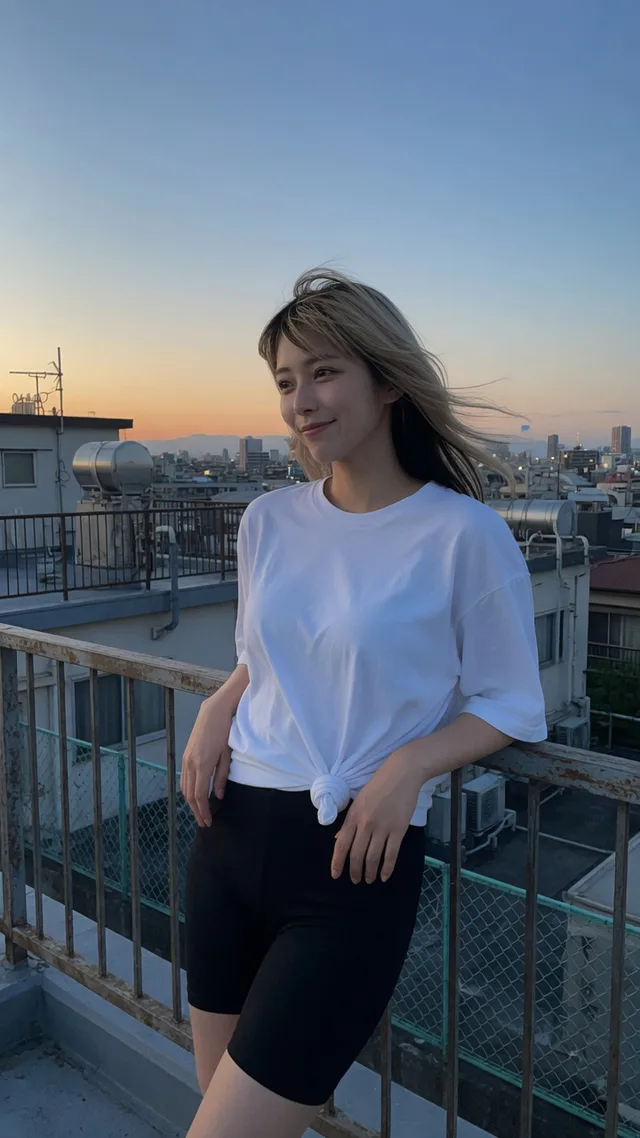 夕暮れの屋上で白いTシャツを着たブロンド×黒ツートーン髪の日本人女性