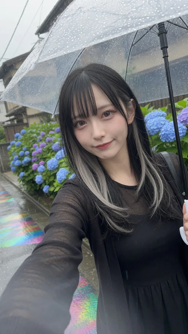 雨の紫陽花の道でクリア傘を差す、黒とシルバーの髪の日本人女性