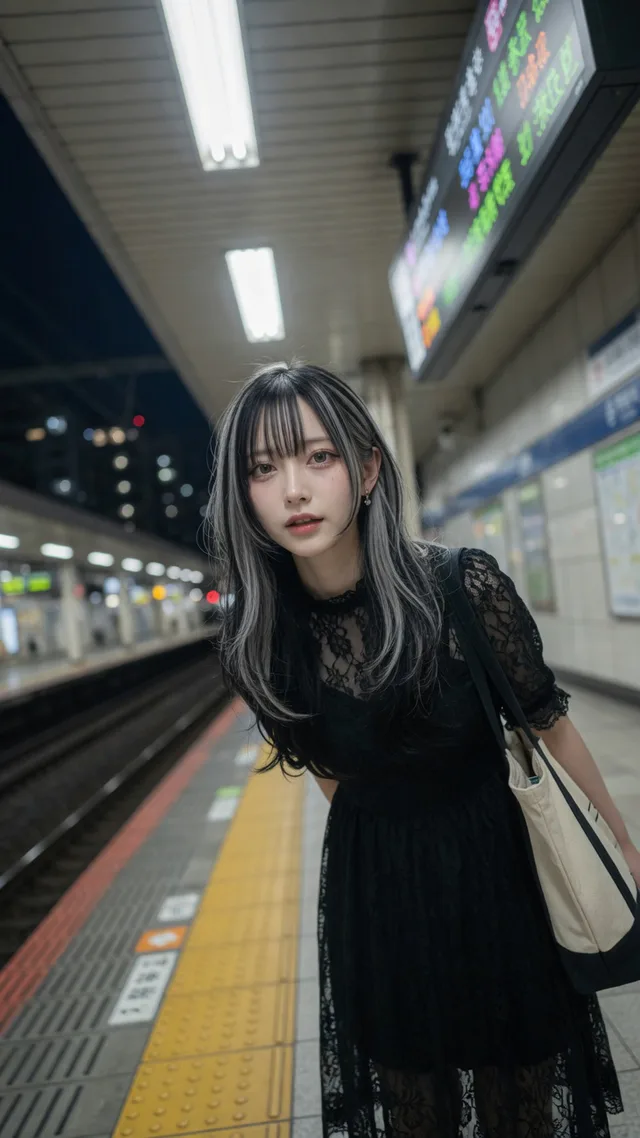 駅ホームを足元から見上げた黒銀ハイライト髪の日本人女性