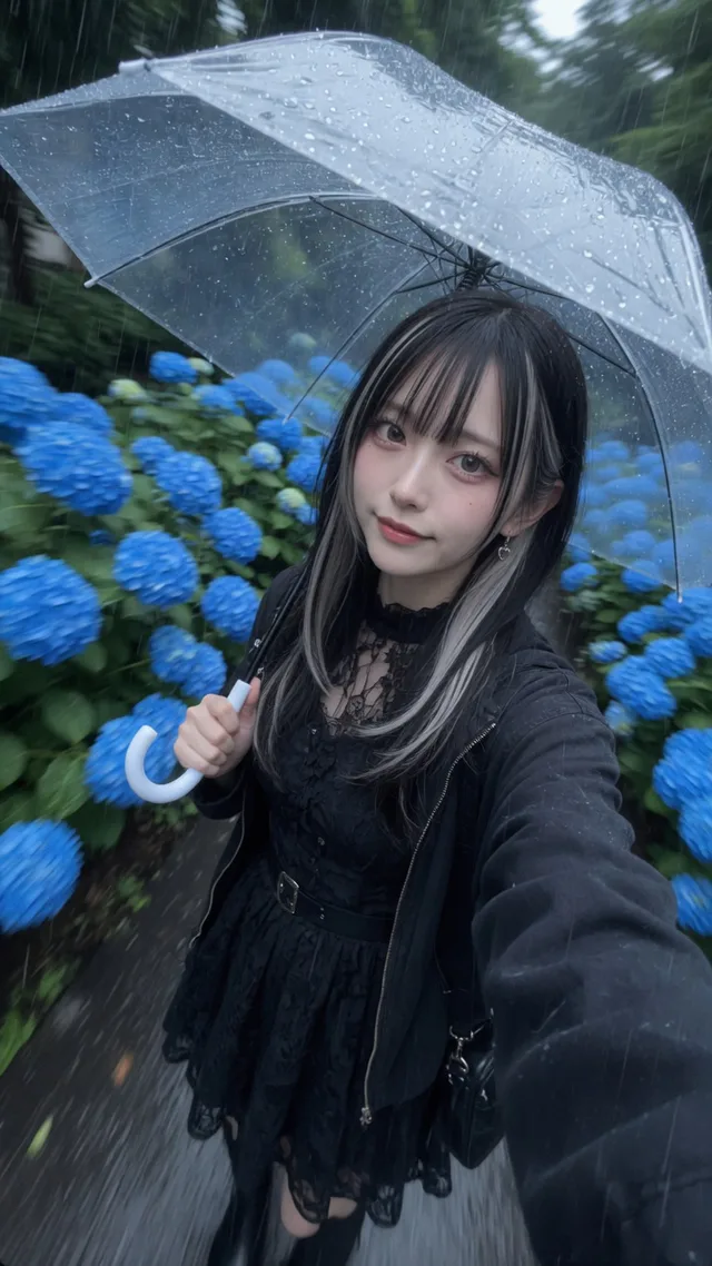 雨の紫陽花の前でクリア傘を差して自撮りする黒×シルバー髪の日本人女性