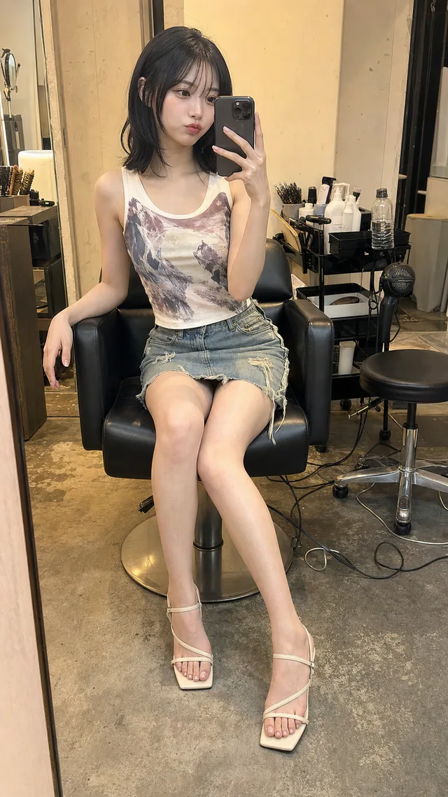 営業中の美容室で、黒髪ボブの成人日本人女性が黒いカット椅子に座り、スマートフォンで撮るミラーセルフィー