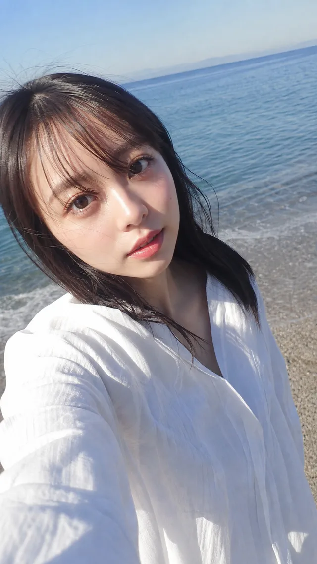 海辺で白いリネンのブラウスを着た黒髪の成人日本人女性が、傾いたスマートフォンで自撮りしている写真