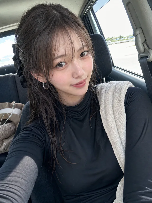 海帰りの駐車中の車内で、黒いラッシュガードを着た成人女性が濡れ髪のまま撮影するAI生成のスマホ自撮り
