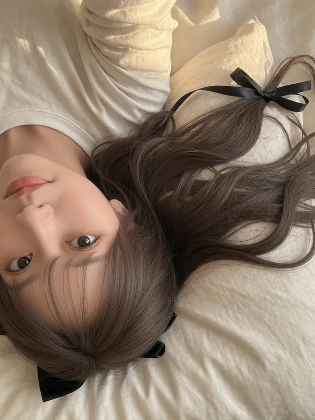 白いベッドで超近距離自撮りするアッシュブラウン髪の日本人女性