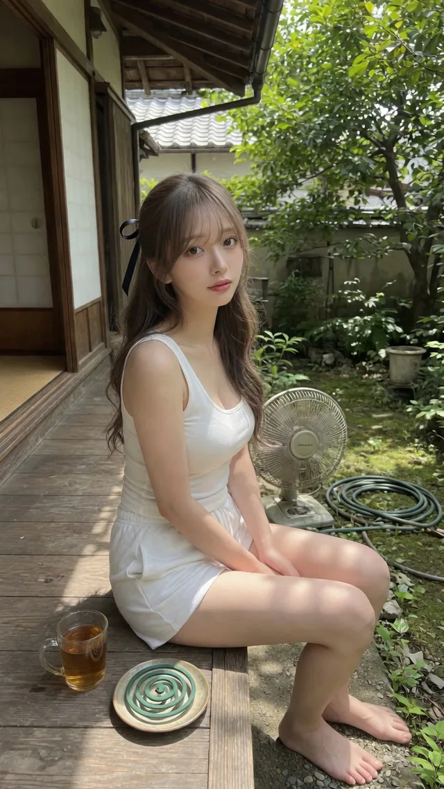 縁側に座るアッシュブラウン髪の日本人女性。白いタンクトップ、隣に扇風機と麦茶と蚊取り線香