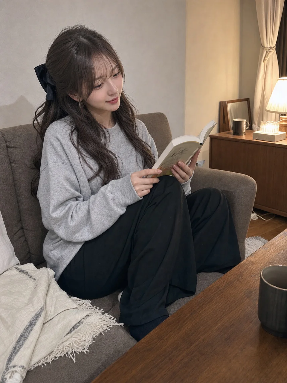 自宅のソファでグレーのスウェットと黒いロングパンツを着て、膝元の本を静かに読む神崎セナ