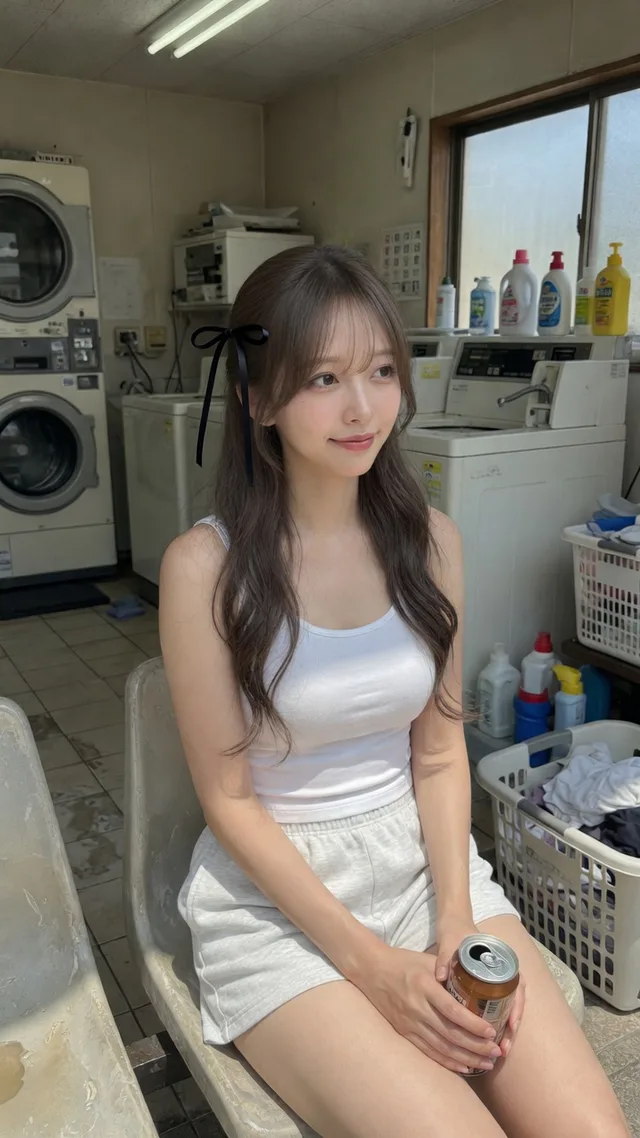 昼間のコインランドリーで缶を持つ、白いタンクトップの茶髪日本人女性