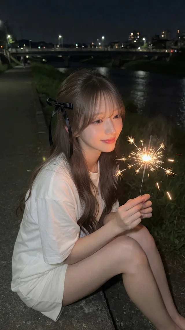 夜の川辺で線香花火を持つ茶髪の日本人女性。白いTシャツ