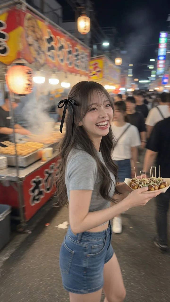 夜の屋台通りでたこ焼きを持ち振り返る茶髪の日本人女性。背景に動きボケ