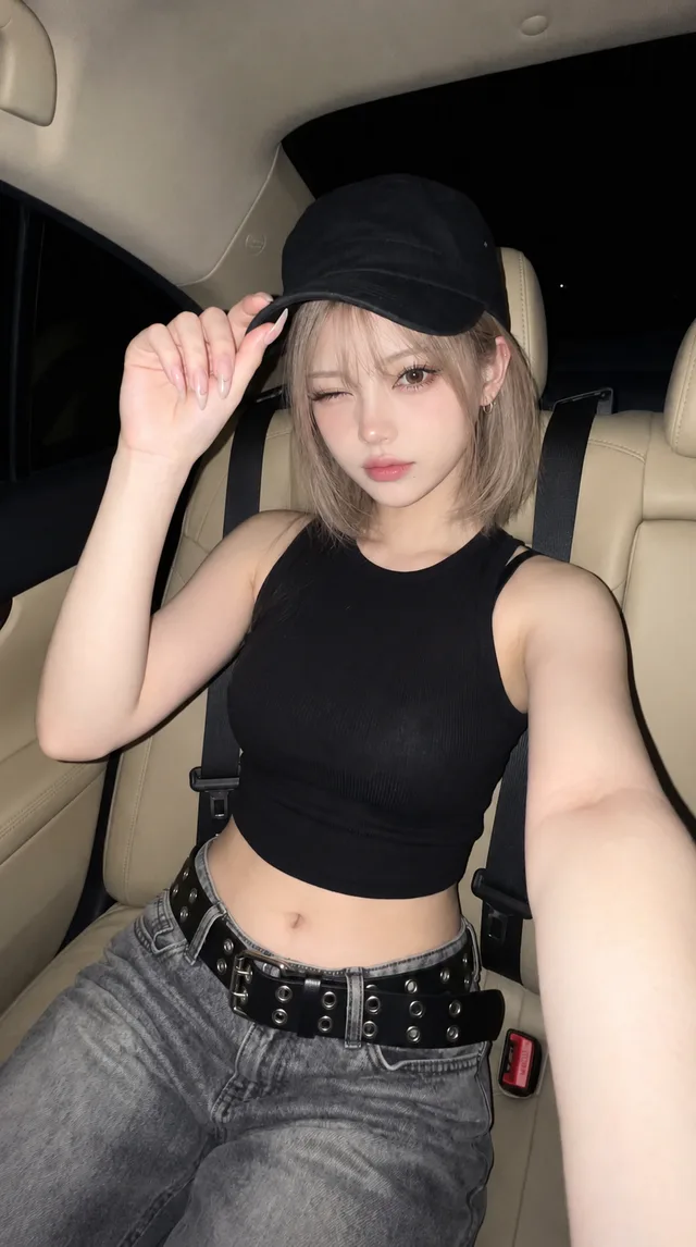 黒いキャップと短丈トップス、デニム姿の白瀬みるが、クリーム色の車の座席でつばをつまみ、ウインクして写るセルフィー。