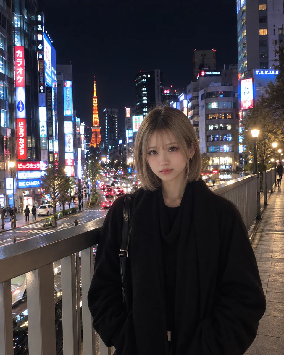 黒いコートを着た白瀬みるが、看板や車の灯りが広がる夜の歩道橋で、ポケットに手を入れて立っている。