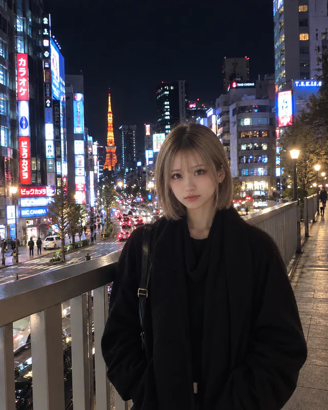 黒いコートを着た白瀬みるが、看板や車の灯りが広がる夜の歩道橋で、ポケットに手を入れて立っている。