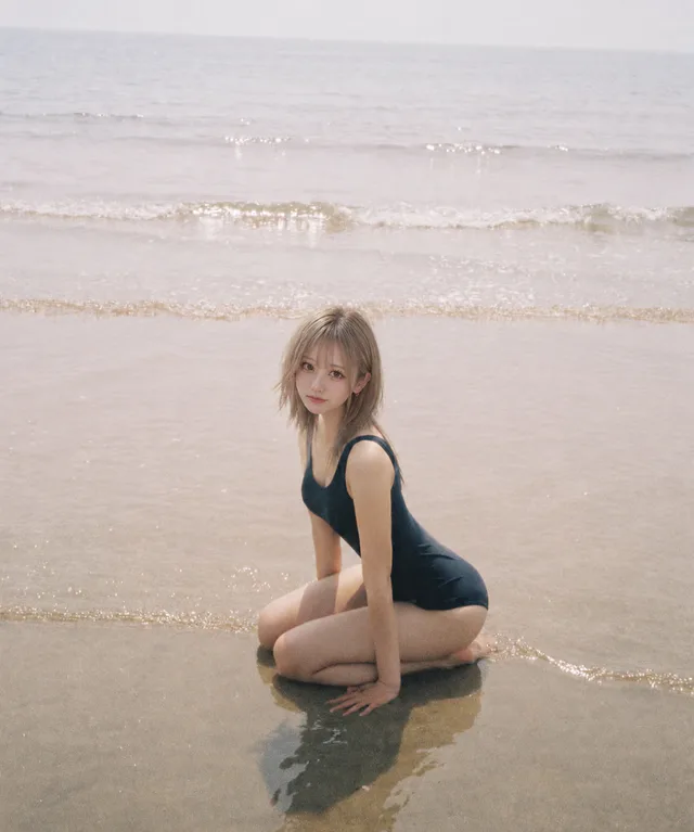 黒いワンピース水着の白瀬みるが、浅い波打ち際で脚を折って座り、砂に両手をついてこちらを見ている。