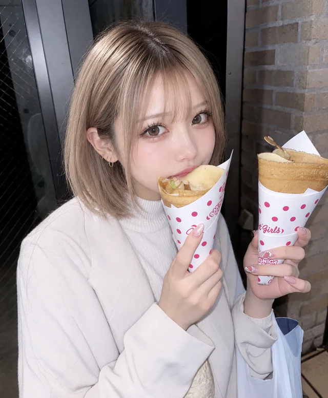 白いコートとタートルネックの白瀬みるが、扉とレンガ壁の前でクレープをふたつ持ち、ひとつを口元に寄せている。