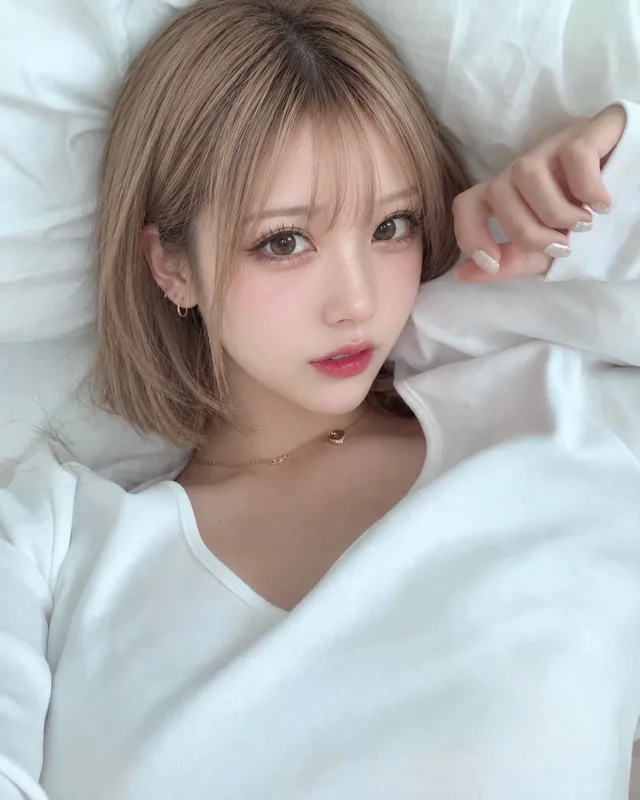 白いトップスを着た白瀬みるが、白い枕と寝具に寝転び、顔の横にネイルの手を添えて写る近距離のセルフィー。