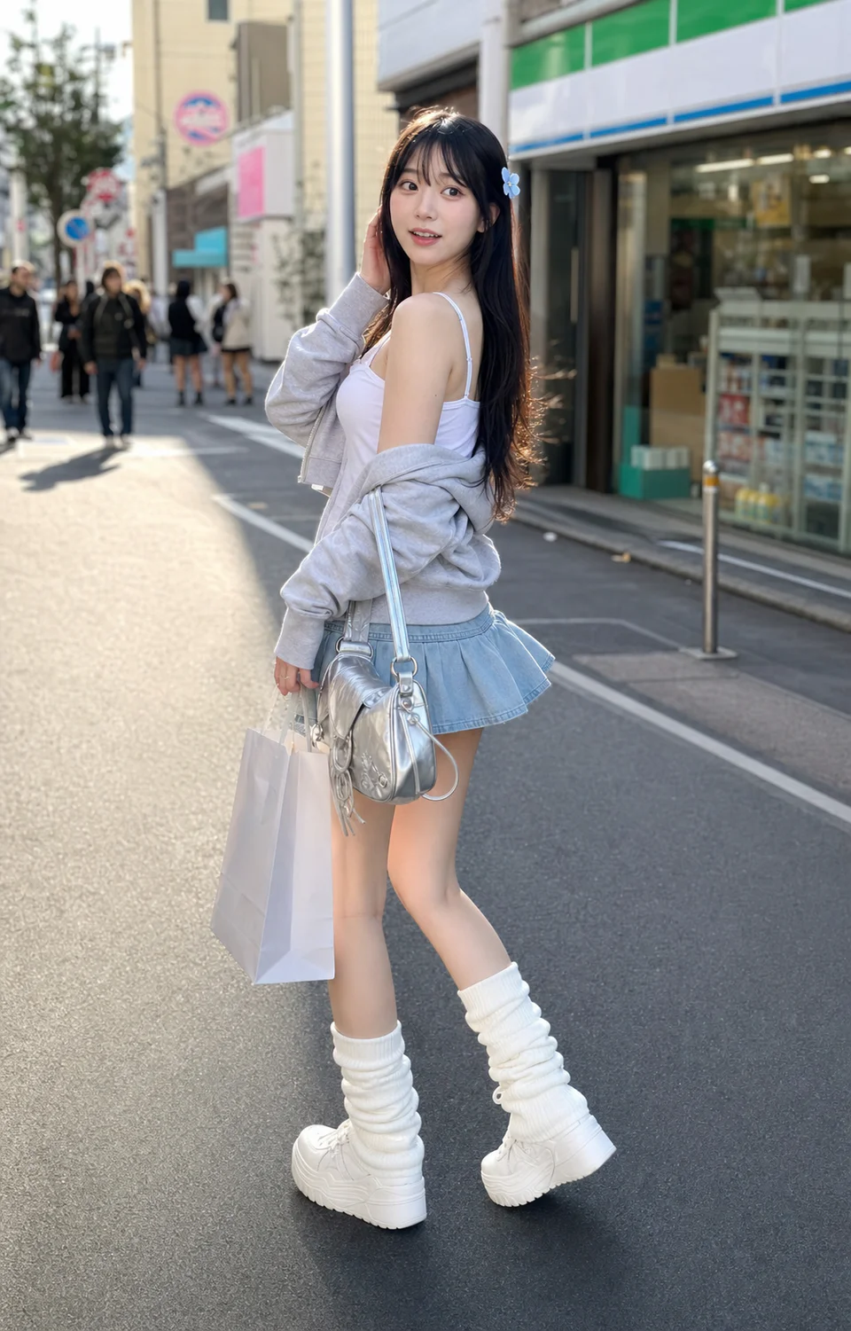 朝の日本のショッピングストリートで、白いキャミソールとデニムミニスカート姿の成人女性が買い物袋を持ち、振り返っている。
