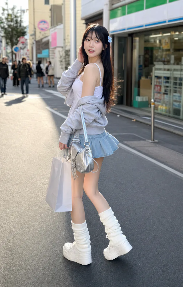 朝の日本のショッピングストリートで、白いキャミソールとデニムミニスカート姿の成人女性が買い物袋を持ち、振り返っている。