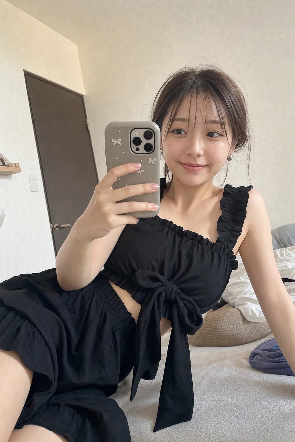 白い壁と室内ドアのある部屋で、黒いフリルと中央リボンのツーピースを着た女性が横向きに寝ながらスマートフォンで自撮りしている画像