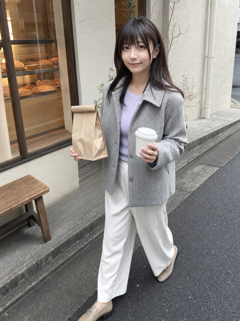 日曜朝のパン屋を出た成人女性が、無地の紙袋と蓋付きカップを持って可愛く微笑むAI生成のスマホ写真