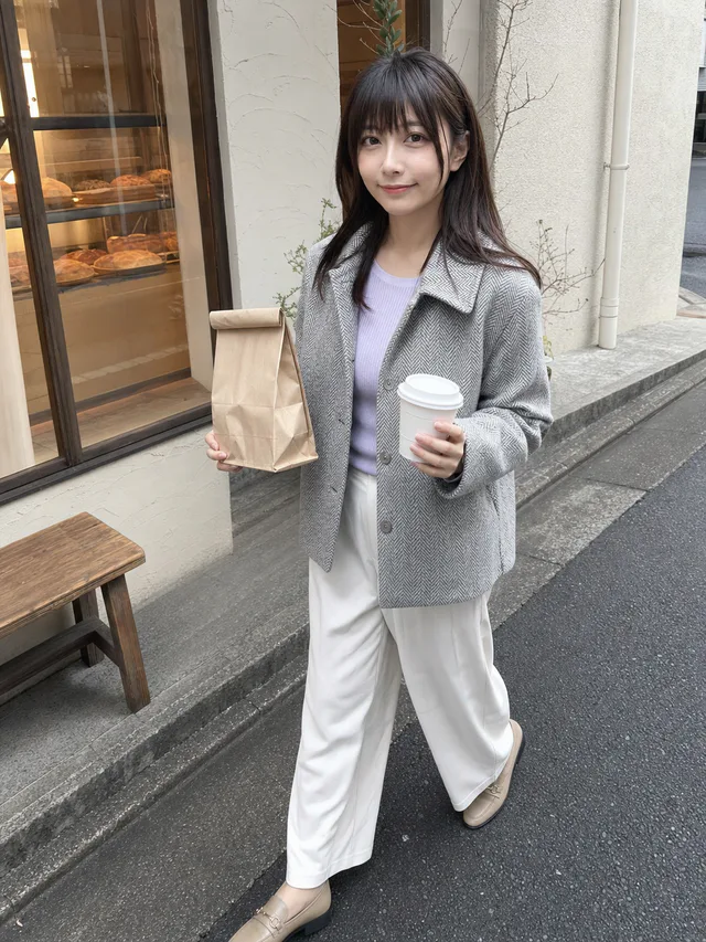 日曜朝のパン屋を出た成人女性が、無地の紙袋と蓋付きカップを持って可愛く微笑むAI生成のスマホ写真