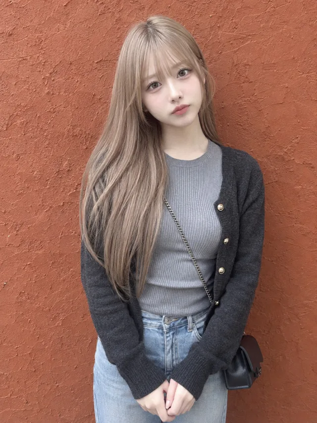 赤茶色の漆喰壁の前で、ミルクティー色のロングヘアの女性が、グレーのリブニットと黒いカーディガン、薄青デニムを着て前で手を合わせている。