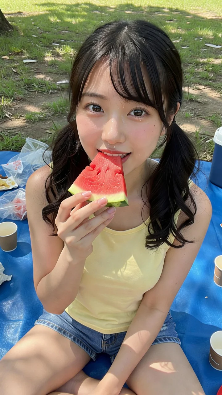 青いシートの上でスイカを食べる黒髪おさげの日本人女性。黄色いキャミとデニムショーツ