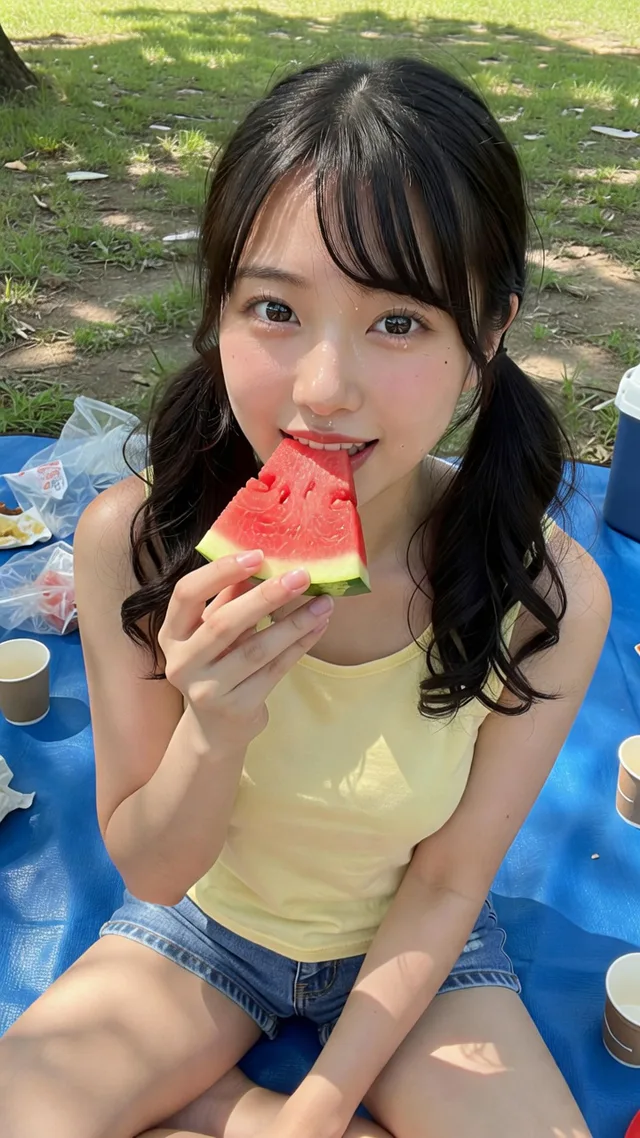 青いシートの上でスイカを食べる黒髪おさげの日本人女性。黄色いキャミとデニムショーツ