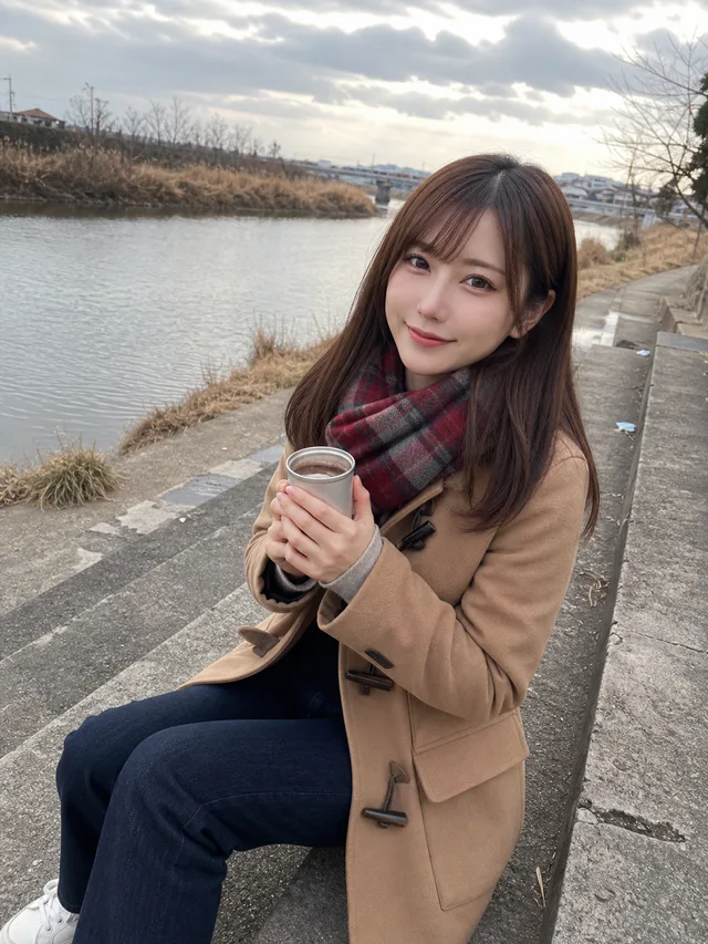 冬の川辺の階段で、成人女性が温かな無地の金属容器を両手に持って可愛く微笑むAI生成のスマホ写真