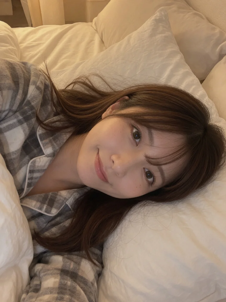 白いベッドで超近距離自撮りする茶髪パジャマの日本人女性